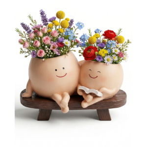 Double Smiley Planter with Artificial Flowers - Cute Home Decor