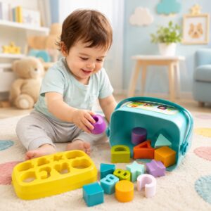 Shape Sorting Toy with 24 Colourful Geometric Blocks with Bucket for Toddlers 12 Months+